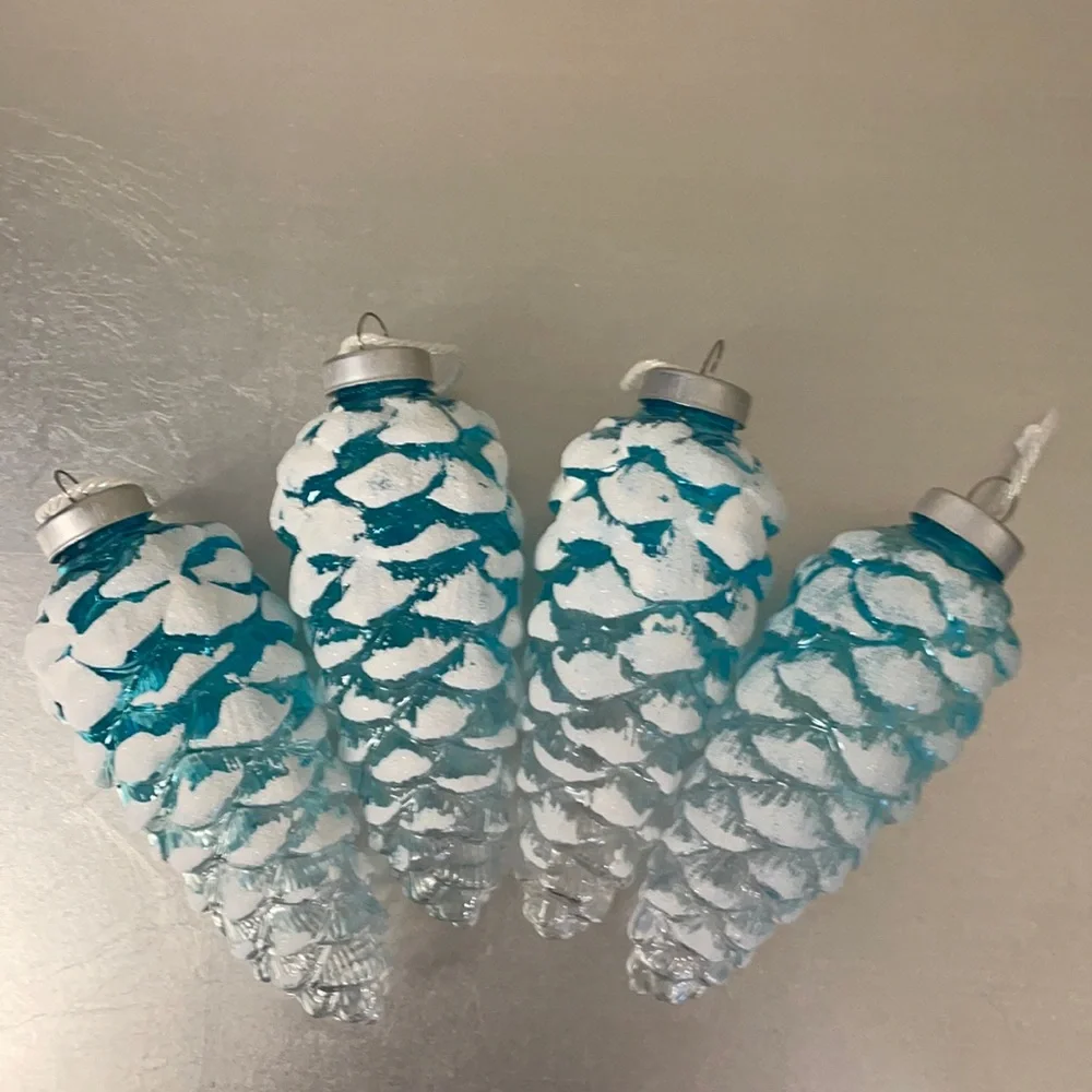 4 Shatterproof Turquoise Glitter-Frosted Pinecone Ornaments